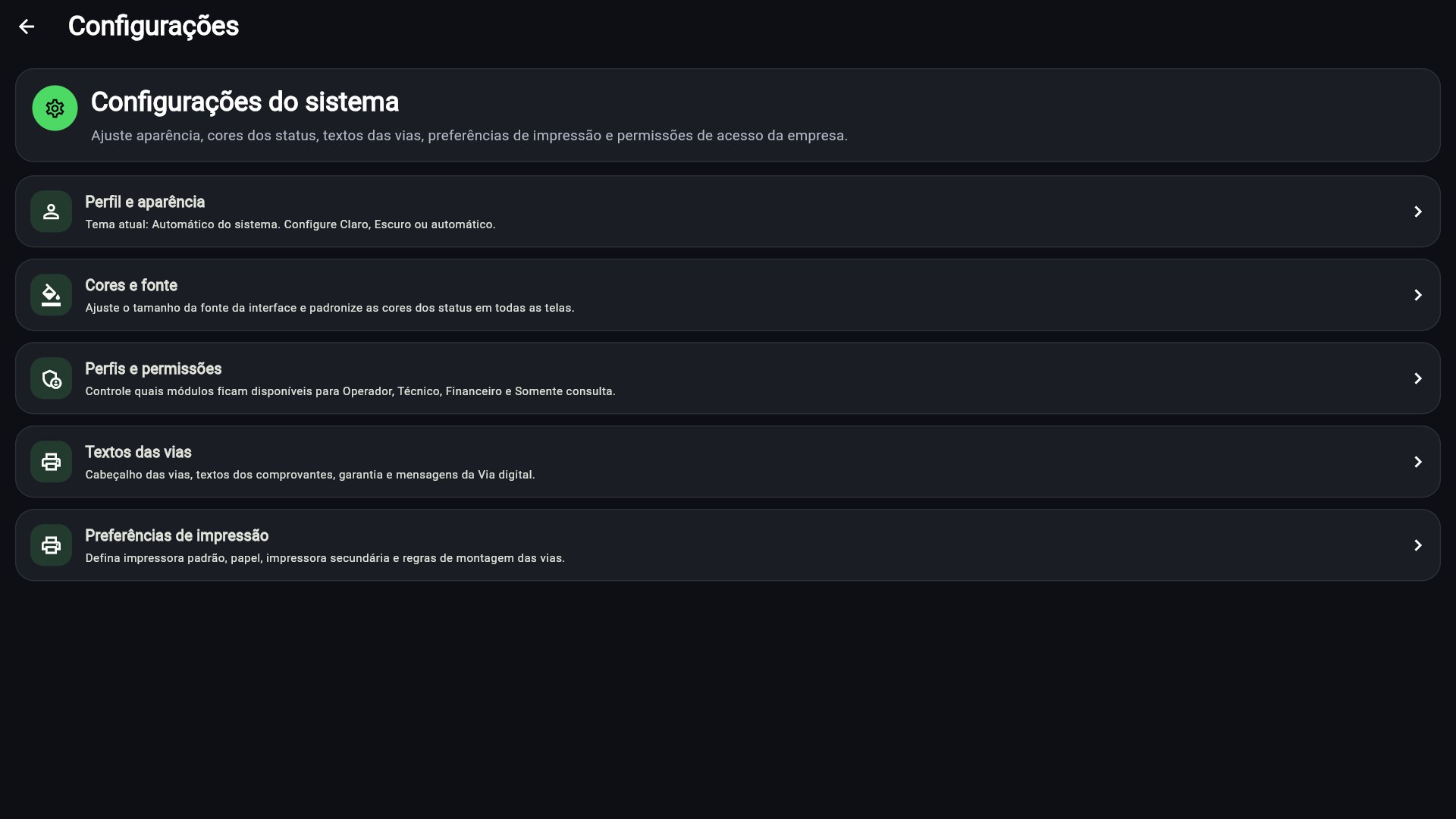 Tela de configurações do OS LOG